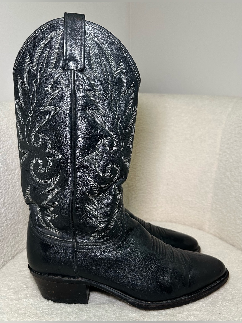 Dan Post Black Leather Western Cowboy Boots Grey Gray White Embroidery USA 8.5